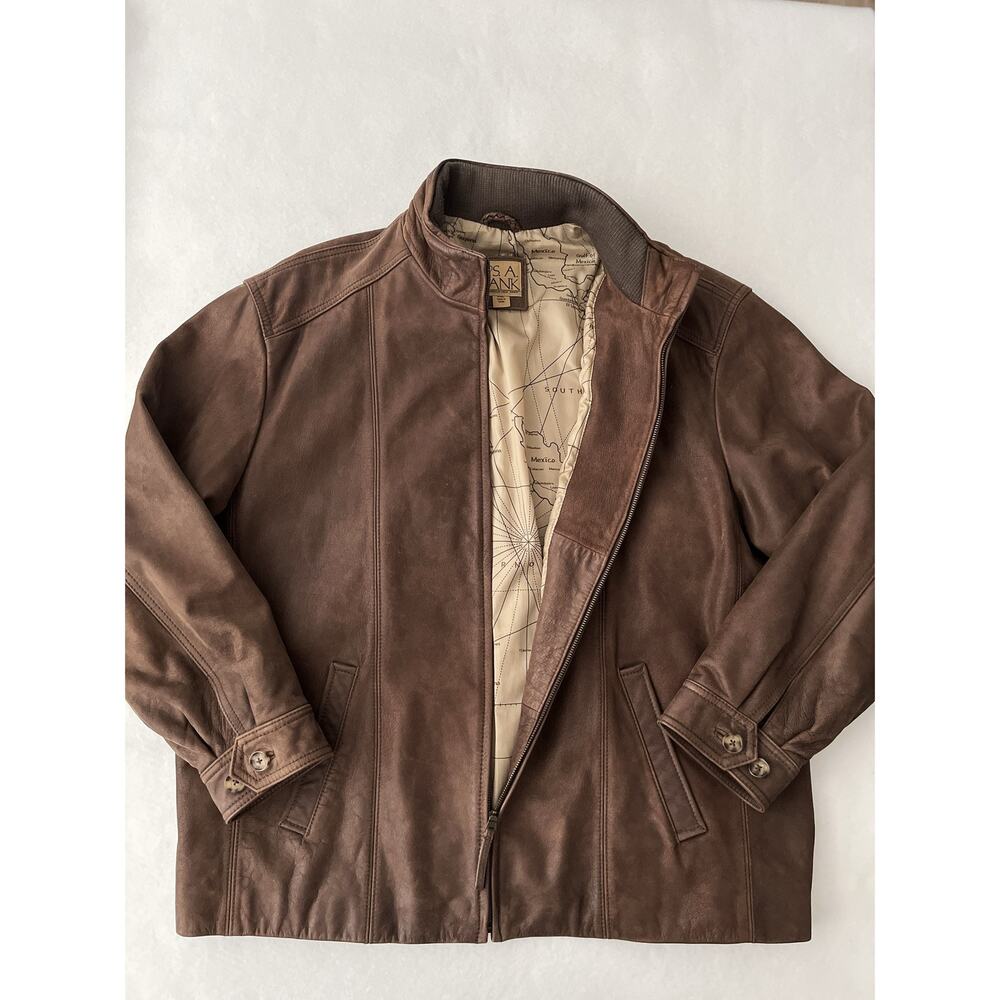 Jos A Bank Jacket Men 2XL Brown Genuine Leather Map Lined High Collar Moto